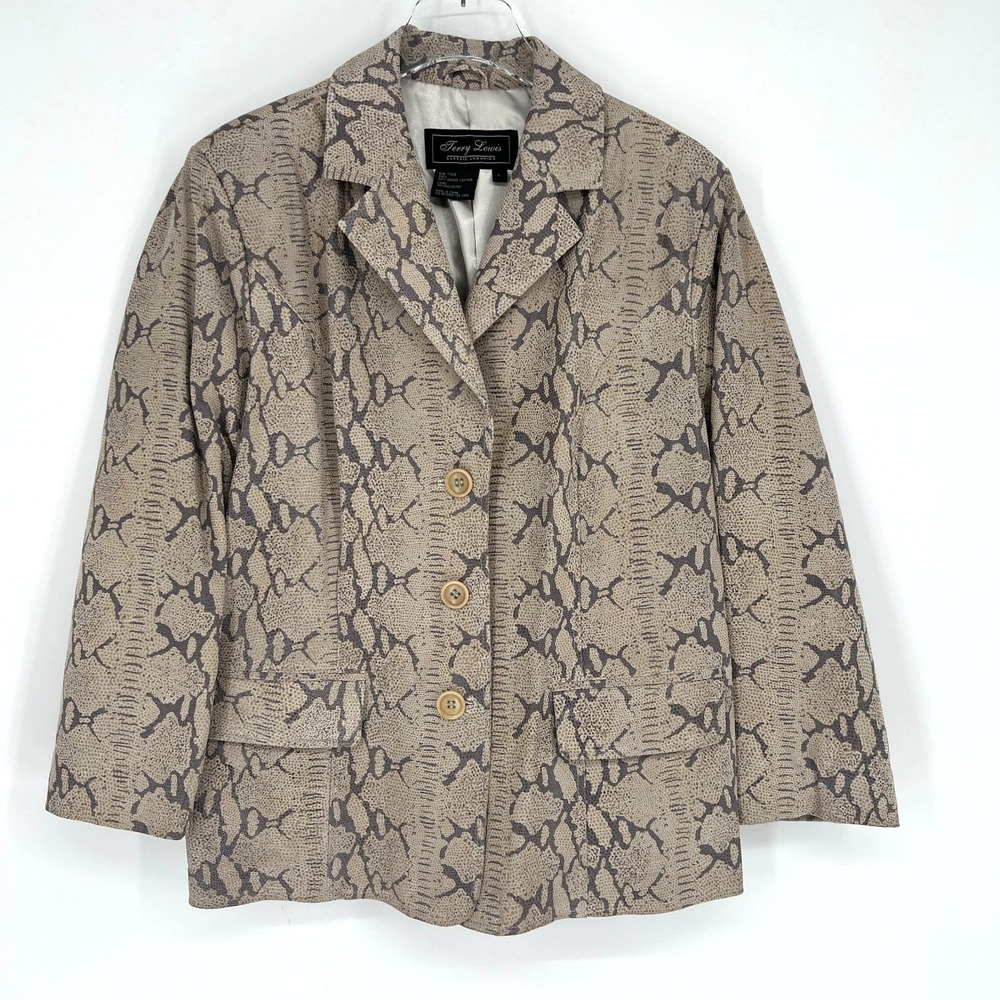 Vtg Terry Lewis Leather Jacket Womens L Snake Print Blazer‎ Edgy Brown